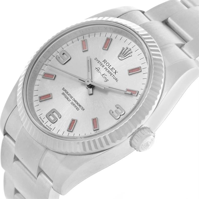 The image shows a close-up angled view of the face, crown, and part of the bracelet of a Rolex Air-King 114234SAPSO Men's Stainless Steel Silver Dial 114234SAPSO Men's Stainless Steel Silver Dial watch.