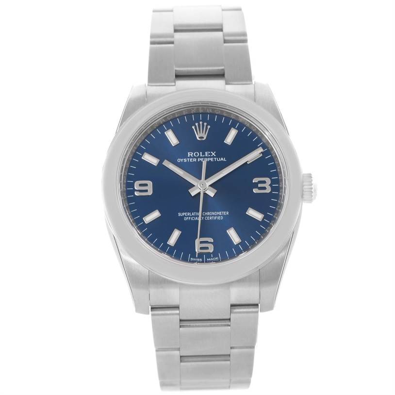 The Rolex Air-King 114200BLASO Men's Stainless Steel Blue Dial 114200BLASO Men's Stainless Steel Blue Dial watch is shown from a front angle, displaying the face, bezel, crown, and bracelet.