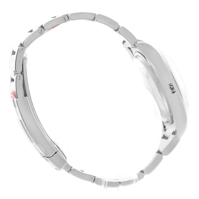 This image shows a side view of the Rolex Air-King 114200BLASO Men's Stainless Steel Blue Dial 114200BLASO Men's Stainless Steel Blue Dial watch, highlighting its bracelet and case profile.