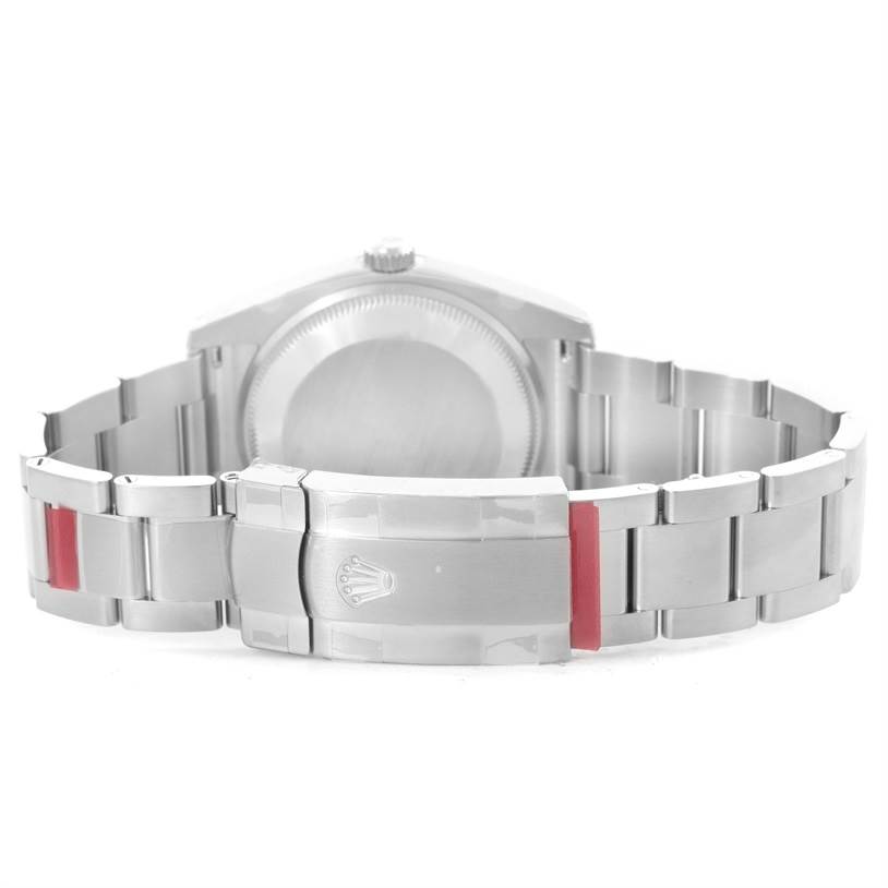 This is a rear view of the Rolex Air-King 114200BLASO Men's Stainless Steel Blue Dial 114200BLASO Men's Stainless Steel Blue Dial watch, showing the bracelet and clasp.