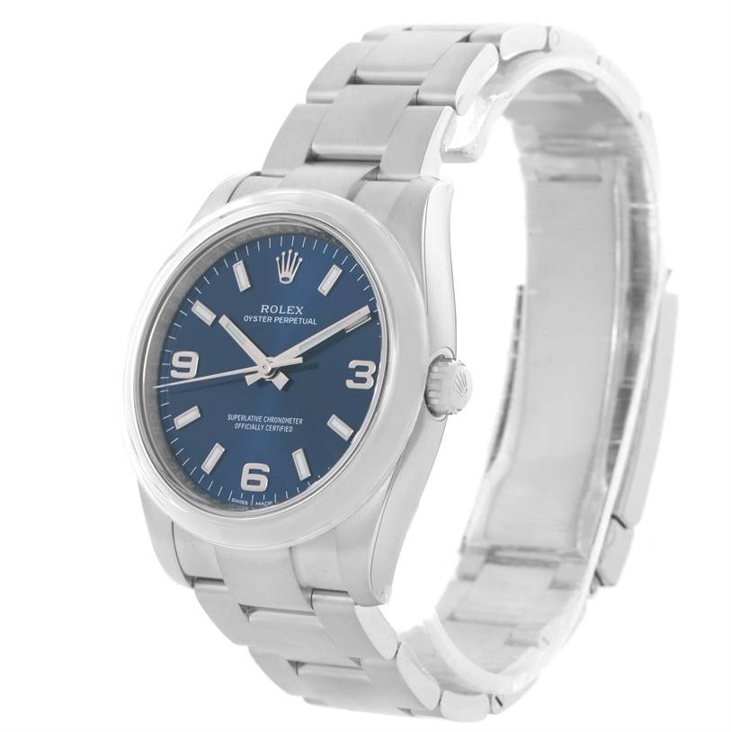 The image shows a Rolex Air-King 114200BLASO Men's Stainless Steel Blue Dial 114200BLASO Men's Stainless Steel Blue Dial watch from an angled front view, highlighting the face, bezel, and bracelet.