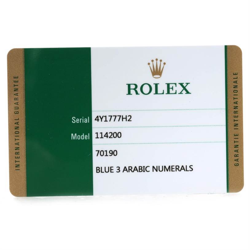 This image shows the Rolex Air-King 114200BLASO Men's Stainless Steel Blue Dial 114200BLASO Men's Stainless Steel Blue Dial model 114200's warranty card with serial number details.