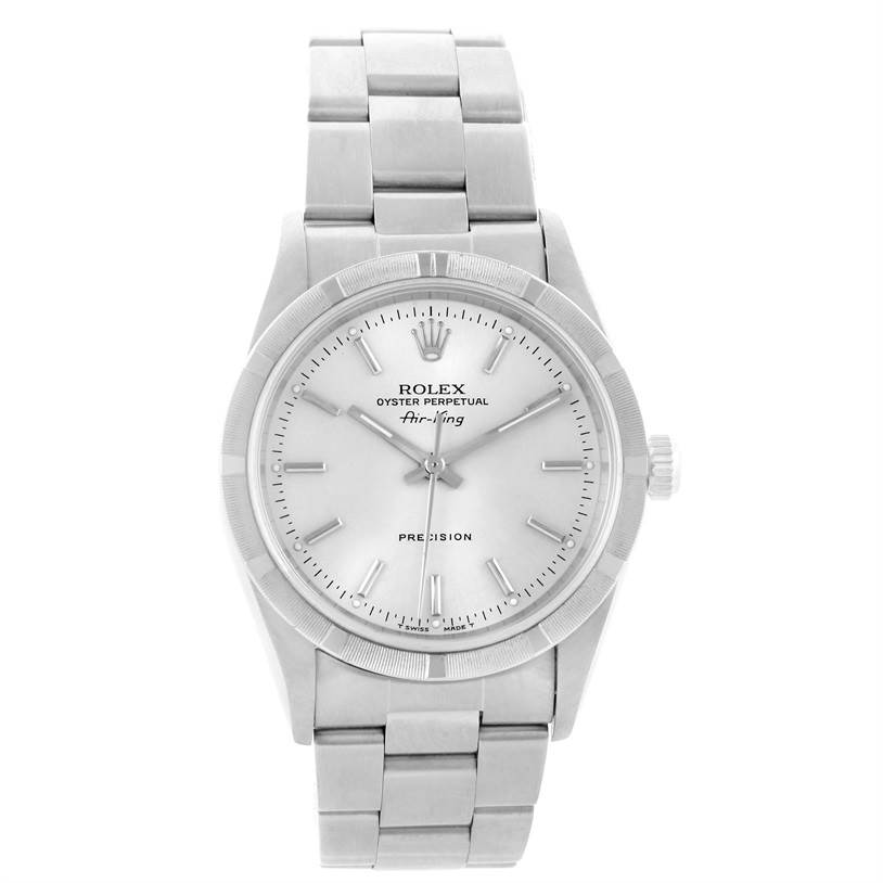 The image shows a front view of the Rolex Air-King 14010 Men's Stainless Steel Silver Dial 14010 Men's Stainless Steel Silver Dial watch, displaying the face, bezel, and bracelet.