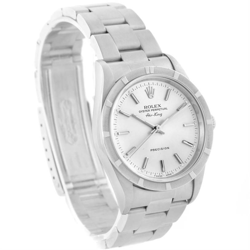 The image shows a Rolex Air-King 14010 Men's Stainless Steel Silver Dial 14010 Men's Stainless Steel Silver Dial watch at a slight angle, highlighting the face, bezel, and bracelet.