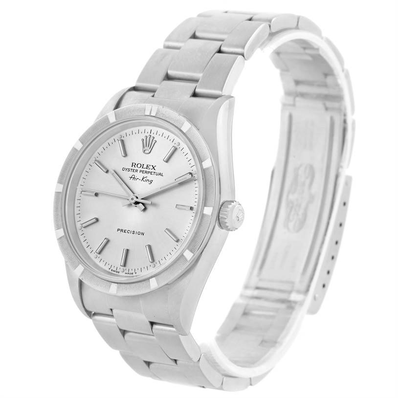 This image shows a Rolex Air-King 14010 Men's Stainless Steel Silver Dial 14010 Men's Stainless Steel Silver Dial watch at a slight angle, displaying its face, bezel, crown, and bracelet.