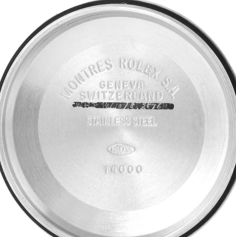 The image shows the inside of the case back of a Rolex Air-King 14010 Men's Stainless Steel Silver Dial 14010 Men's Stainless Steel Silver Dial watch, displaying model information and material details.