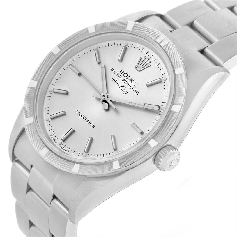 The image shows a detailed angled view of the Rolex Air-King 14010 Men's Stainless Steel Silver Dial 14010 Men's Stainless Steel Silver Dial watch, showcasing the face, bezel, and bracelet.