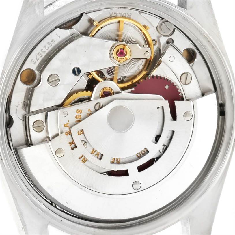 This image shows the internal mechanism of a Rolex Air-King 14010 Men's Stainless Steel Silver Dial 14010 Men's Stainless Steel Silver Dial watch viewed from the back.
