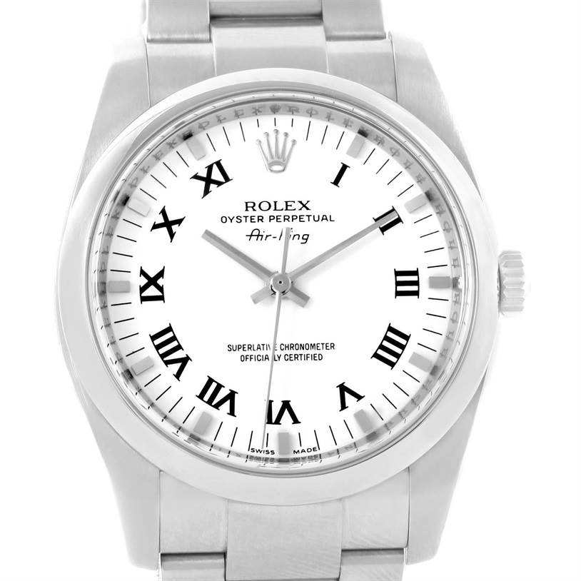 This image shows a front view of a Rolex Air-King 114200 Stainless Steel White Dial 114200 Stainless Steel White Dial watch, highlighting its face, crown, and part of the bracelet.