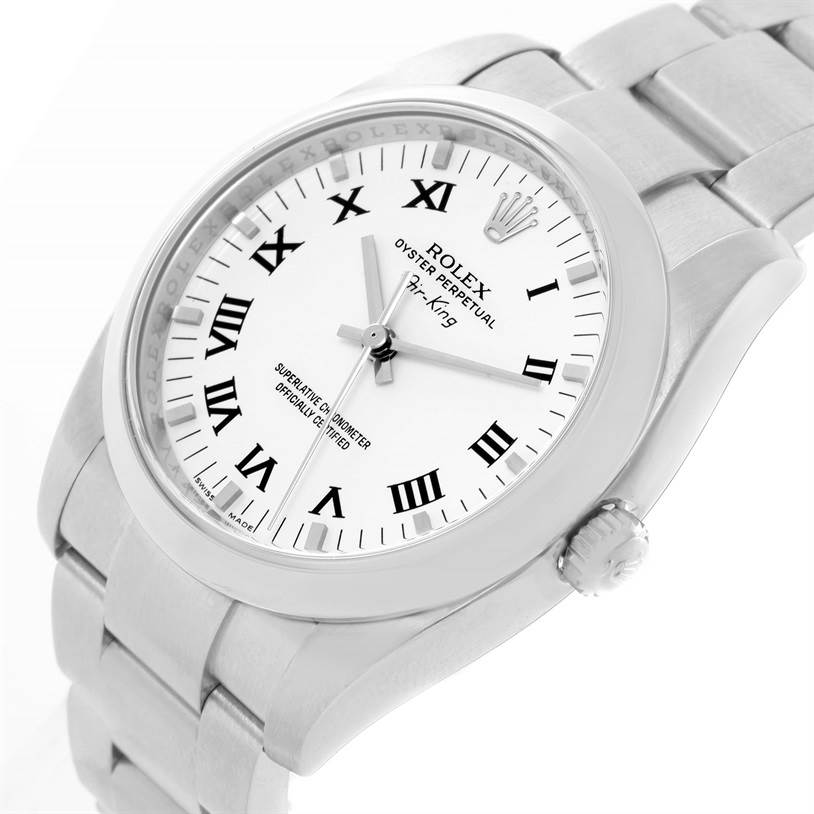The image shows the Rolex Air-King 114200 Stainless Steel White Dial 114200 Stainless Steel White Dial watch at an angled close-up, displaying the dial, crown, and part of the bracelet.
