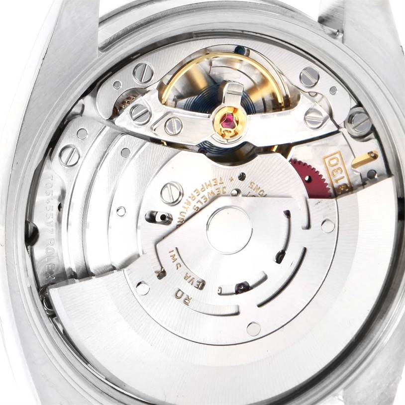 This image shows the movement mechanism inside a Rolex Air-King 114200 Stainless Steel White Dial 114200 Stainless Steel White Dial watch, viewed from the back.