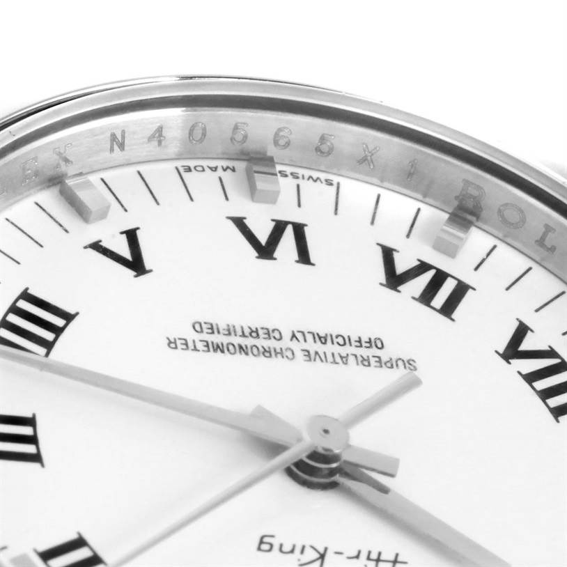 The image shows a close-up angle of the Rolex Air-King 114200 Stainless Steel White Dial 114200 Stainless Steel White Dial watch, focusing on the dial and part of the bezel with Roman numerals visible.