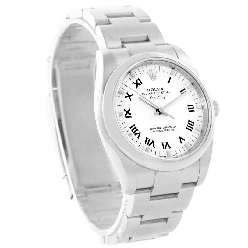 The image shows a Rolex Air-King 114200 Stainless Steel White Dial 114200 Stainless Steel White Dial watch at a three-quarter angle, displaying the face, bezel, and part of the bracelet.