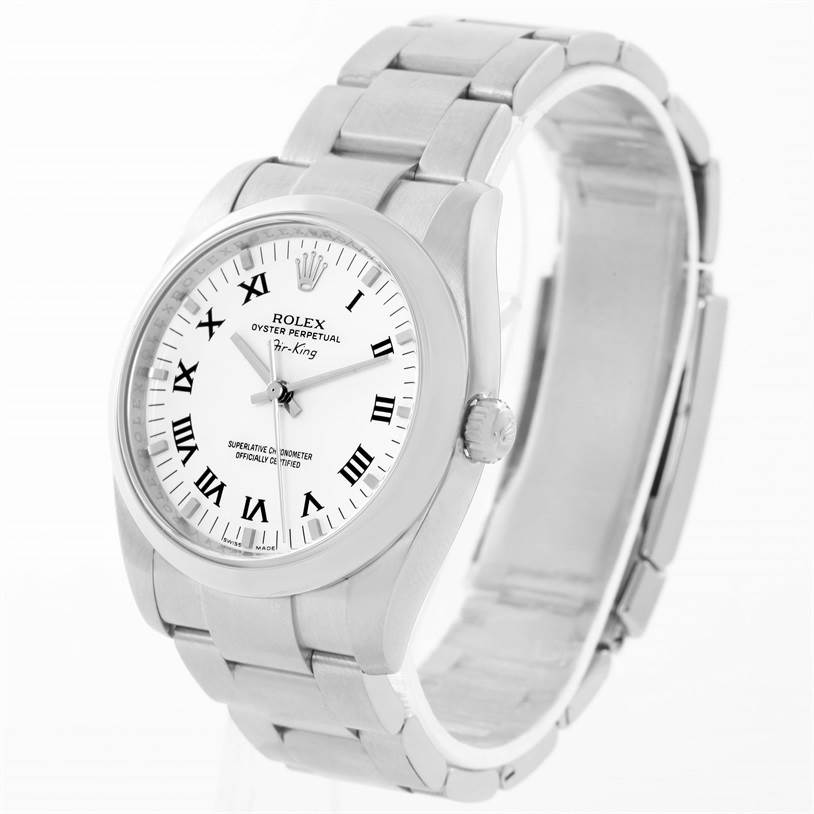 The Rolex Air-King 114200 Stainless Steel White Dial 114200 Stainless Steel White Dial watch is shown at a front-angle, displaying the face, bracelet, and crown.