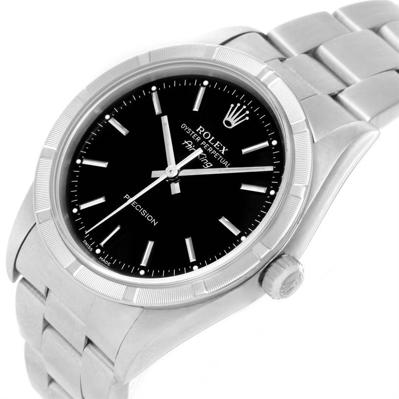 The image shows a top angled view of the Rolex Air-King 14010 Men's Stainless Steel Black Dial 14010 Men's Stainless Steel Black Dial watch, highlighting its black dial, stainless steel bracelet, and crown.