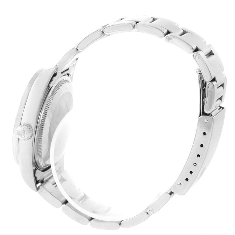 The Rolex Air-King 14010 Men's Stainless Steel Black Dial 14010 Men's Stainless Steel Black Dial watch is shown from a side angle, highlighting its bracelet and clasp.