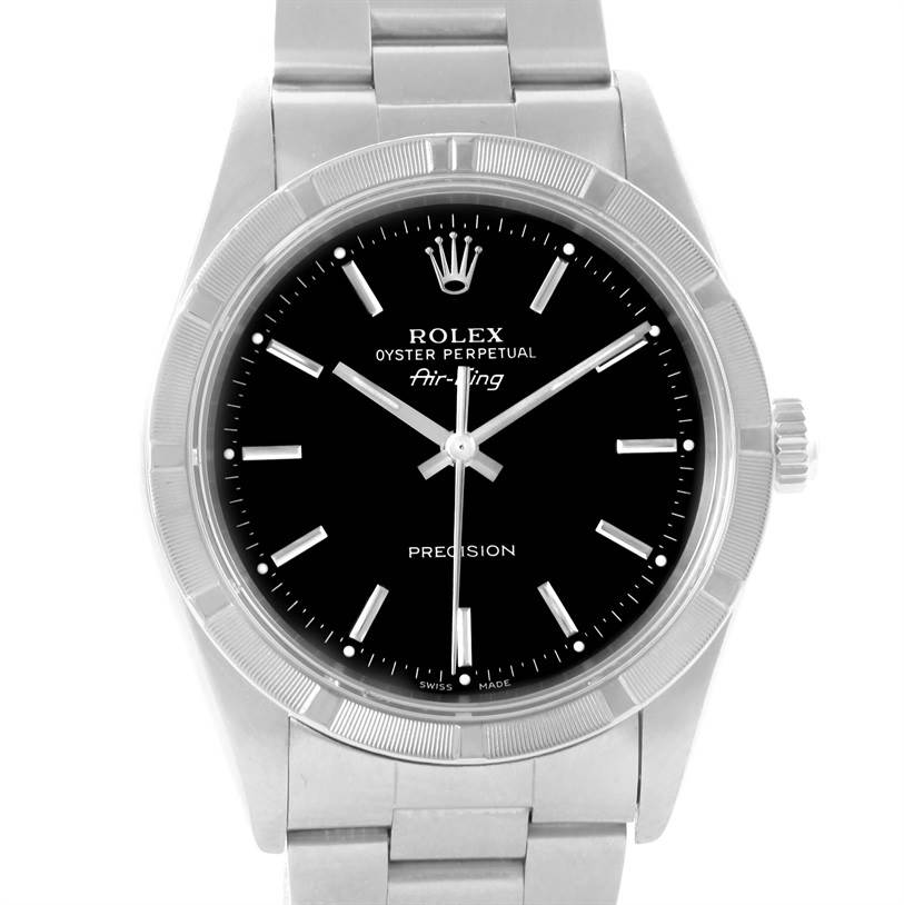 This image shows a front view of the Rolex Air-King 14010 Men's Stainless Steel Black Dial 14010 Men's Stainless Steel Black Dial watch displaying the dial, bezel, crown, and bracelet.