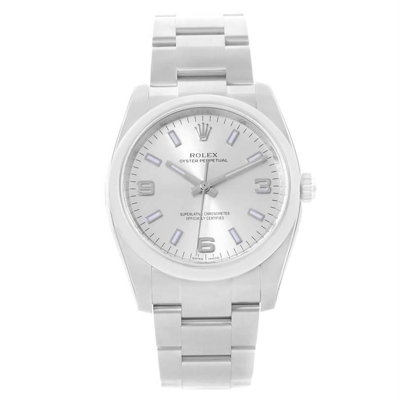 The image shows a Rolex Air-King 114200 Men's Stainless Steel Silver Dial 114200 Men's Stainless Steel Silver Dial watch from a front angle, highlighting the dial, bracelet, and crown.