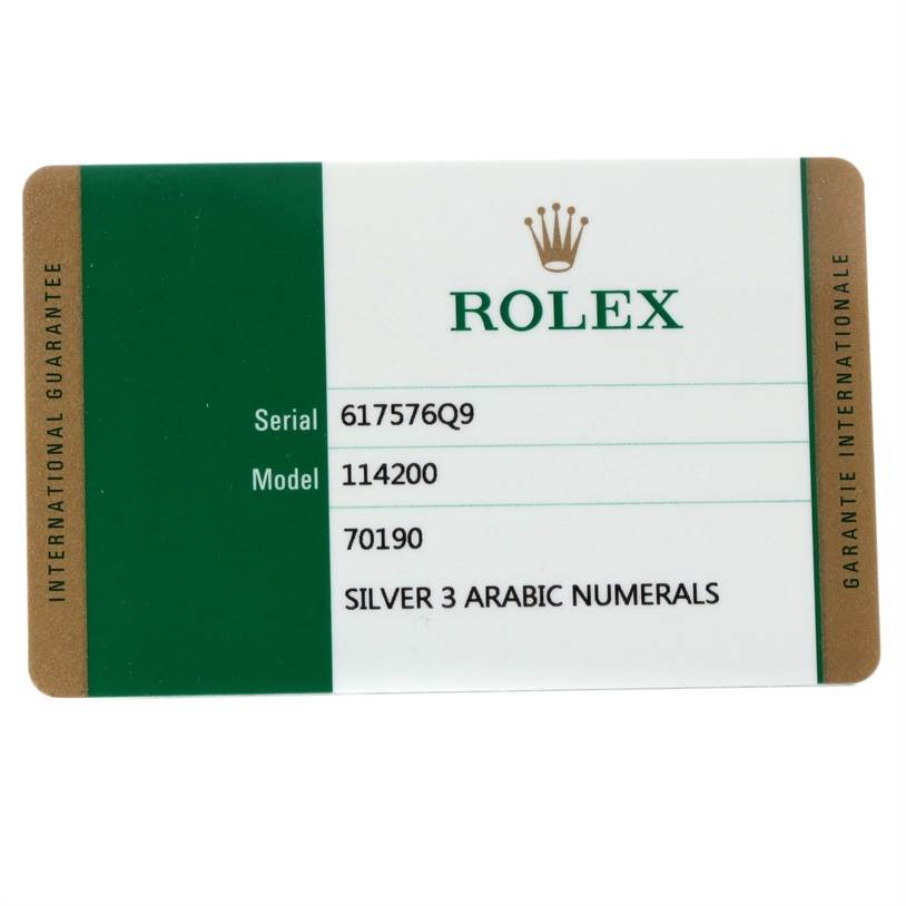 This image shows the international warranty card for a Rolex Air-King 114200 Men's Stainless Steel Silver Dial 114200 Men's Stainless Steel Silver Dial model 114200 watch.