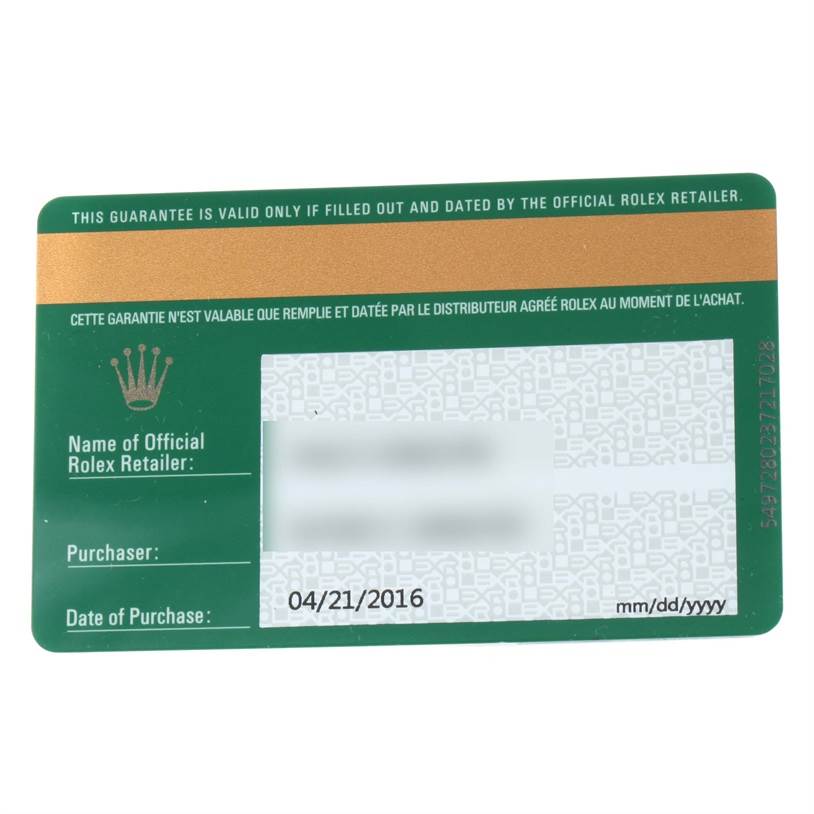 The image shows a guarantee card for the Rolex Air-King 114200 Men's Stainless Steel Silver Dial 114200 Men's Stainless Steel Silver Dial watch, displaying retailer information and the date of purchase.