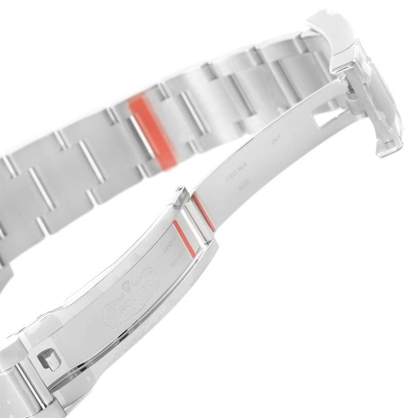 This image shows the clasp and part of the bracelet of a Rolex Air-King 114200 Men's Stainless Steel Silver Dial 114200 Men's Stainless Steel Silver Dial watch at an oblique angle.