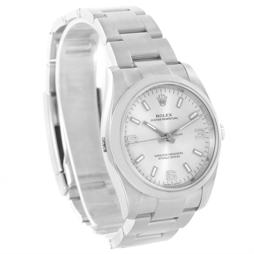 This image shows a side-angle view of a Rolex Air-King 114200 Men's Stainless Steel Silver Dial 114200 Men's Stainless Steel Silver Dial watch, displaying the face, bezel, and bracelet.