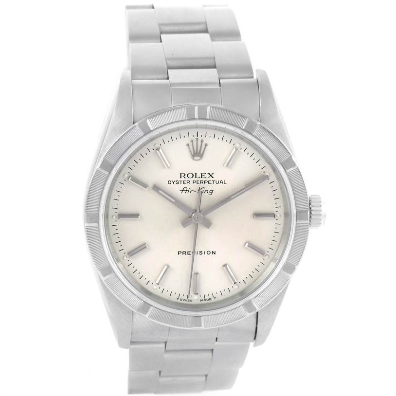 The image shows a front view of a Rolex Air-King 14010 Men's Stainless Steel Silver Dial 14010 Men's Stainless Steel Silver Dial watch, highlighting its face, bezel, and bracelet.