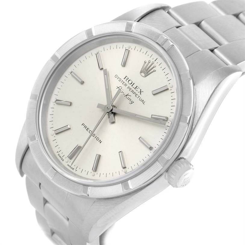 This image shows a Rolex Air-King 14010 Men's Stainless Steel Silver Dial 14010 Men's Stainless Steel Silver Dial watch angled slightly from the side, displaying the dial, case, crown, and part of the bracelet.