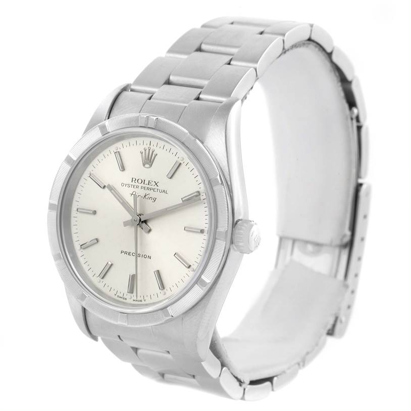 The Rolex Air-King 14010 Men's Stainless Steel Silver Dial 14010 Men's Stainless Steel Silver Dial watch is shown at a three-quarter angle, displaying its face, crown, and metallic band.