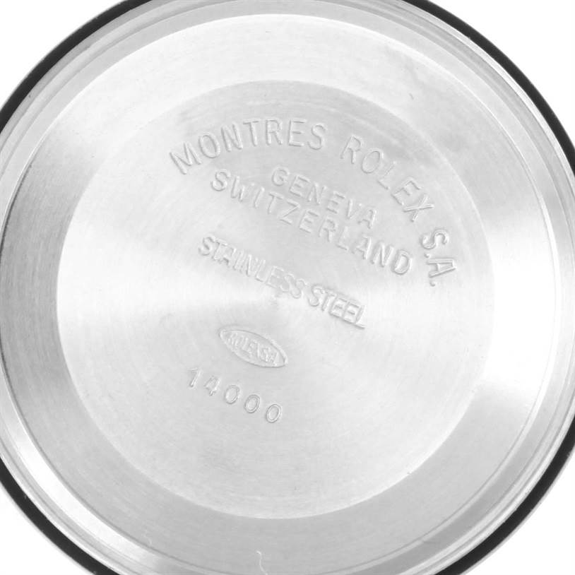 This image shows the back case of the Rolex Air-King 14010 Men's Stainless Steel Silver Dial 14010 Men's Stainless Steel Silver Dial watch, highlighting its stainless steel construction and engravings.