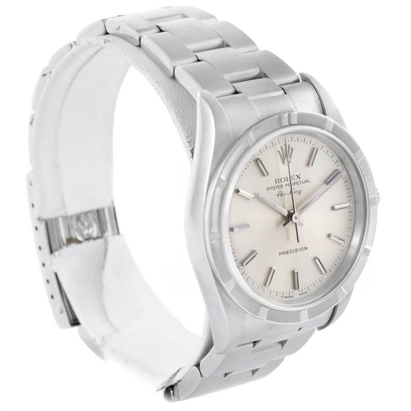This image shows a Rolex Air-King 14010 Men's Stainless Steel Silver Dial 14010 Men's Stainless Steel Silver Dial watch from a 3/4 angle, highlighting the face, bezel, lugs, and bracelet.