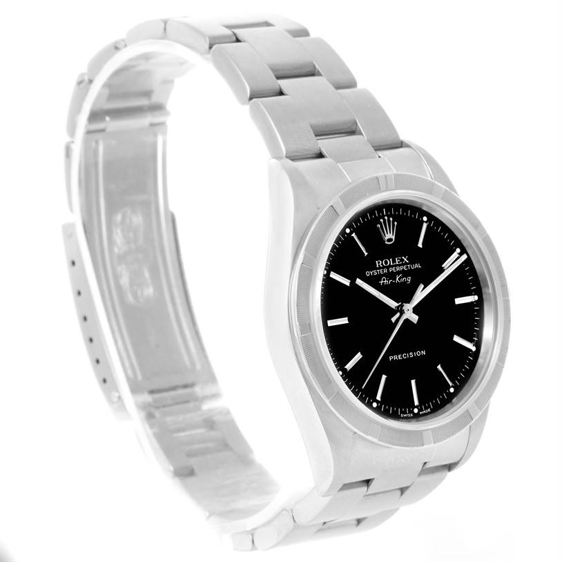 The image shows a Rolex Air-King 14010 Men's Stainless Steel Black Dial 14010 Men's Stainless Steel Black Dial watch at a side angle, highlighting the stainless steel bracelet and black dial.