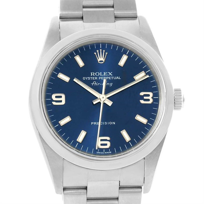 The image shows a front view of a Rolex Air-King watch, featuring its dial, bezel, and part of its bracelet.