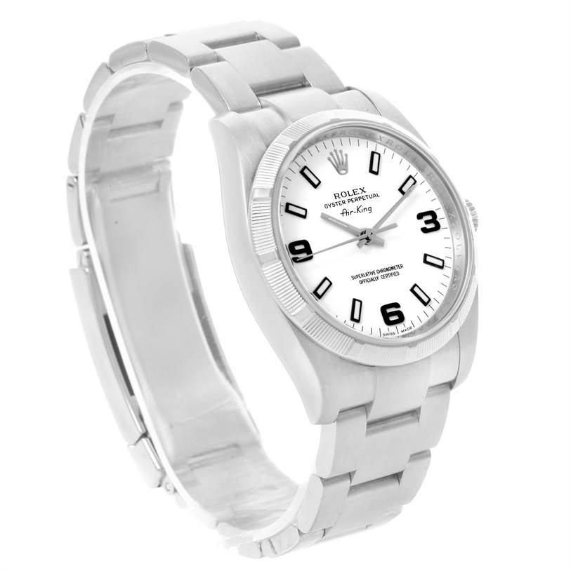 The image shows an angled view of a Rolex Air-King 114210 Men's Stainless Steel White Dial 114210 Men's Stainless Steel White Dial watch, highlighting the face, bezel, and bracelet.