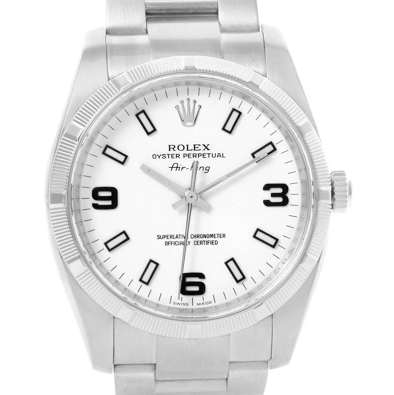 The image shows a front view of the Rolex Air-King 114210 Men's Stainless Steel White Dial 114210 Men's Stainless Steel White Dial watch, displaying its dial, hands, crown, and part of the bracelet.