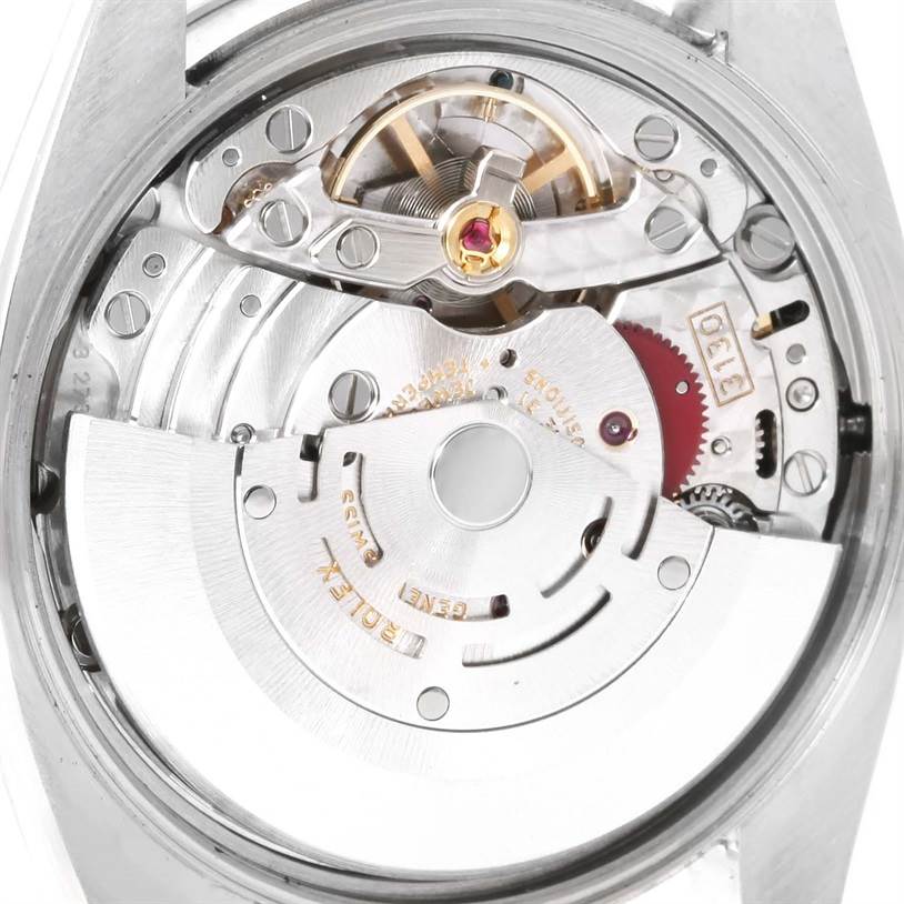This image shows a close-up view of the internal movement mechanism of a Rolex Air-King 114210 Men's Stainless Steel White Dial 114210 Men's Stainless Steel White Dial watch.