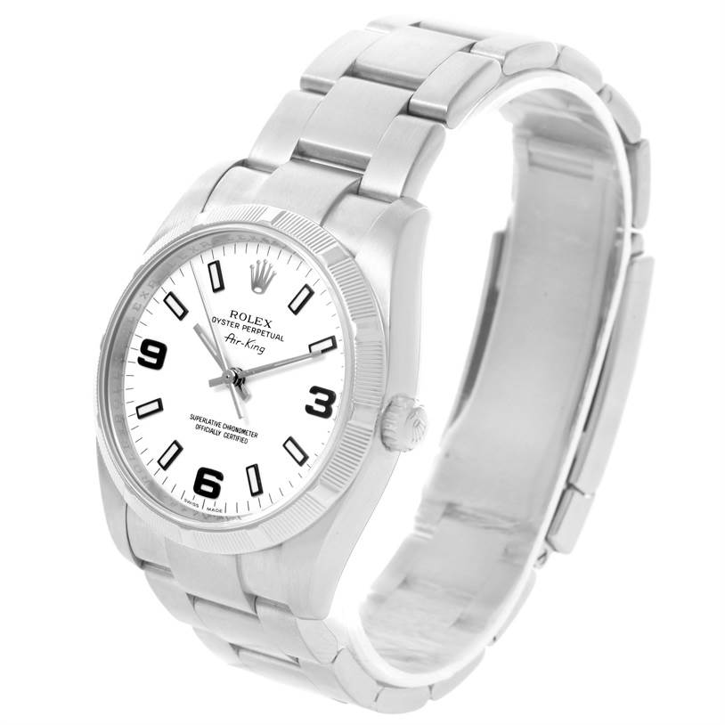 The image shows a Rolex Air-King 114210 Men's Stainless Steel White Dial 114210 Men's Stainless Steel White Dial watch, angled to display its face, bezel, and part of the bracelet.