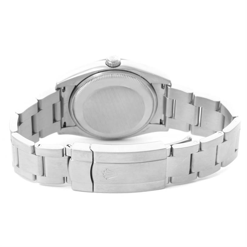 The image shows the back case, crown, and bracelet clasp of a Rolex Air-King 114210 Men's Stainless Steel White Dial 114210 Men's Stainless Steel White Dial watch.