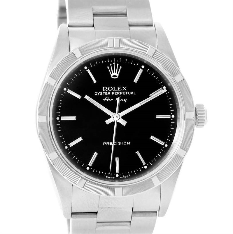 The image shows a frontal view of a Rolex Air-King watch, highlighting the face, bezel, and bracelet.