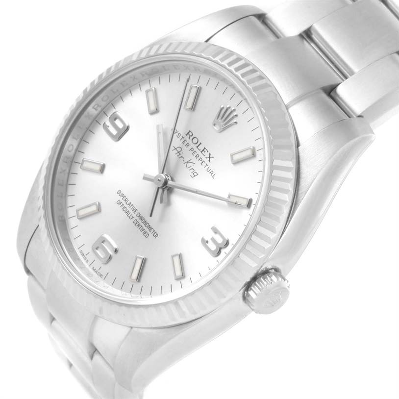 This image shows a frontal angled view of the Rolex Air-King 114234 Men's Stainless Steel Silver Dial 114234 Men's Stainless Steel Silver Dial watch, highlighting its dial, bezel, and part of the bracelet.