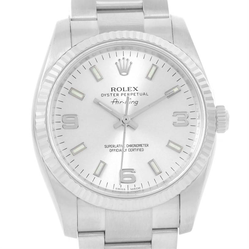The Rolex Air-King 114234 Men's Stainless Steel Silver Dial 114234 Men's Stainless Steel Silver Dial watch is shown from a frontal angle featuring its dial, bezel, and part of the bracelet.