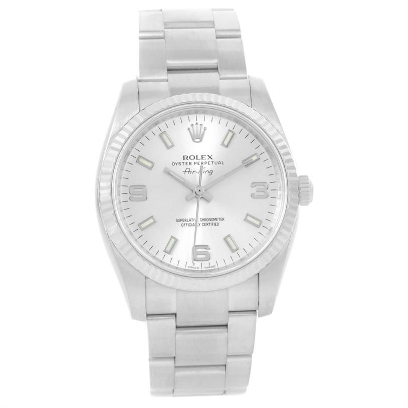 The image shows a front view of the Rolex Air-King 114234 Men's Stainless Steel Silver Dial 114234 Men's Stainless Steel Silver Dial watch, featuring its face, bezel, and bracelet.