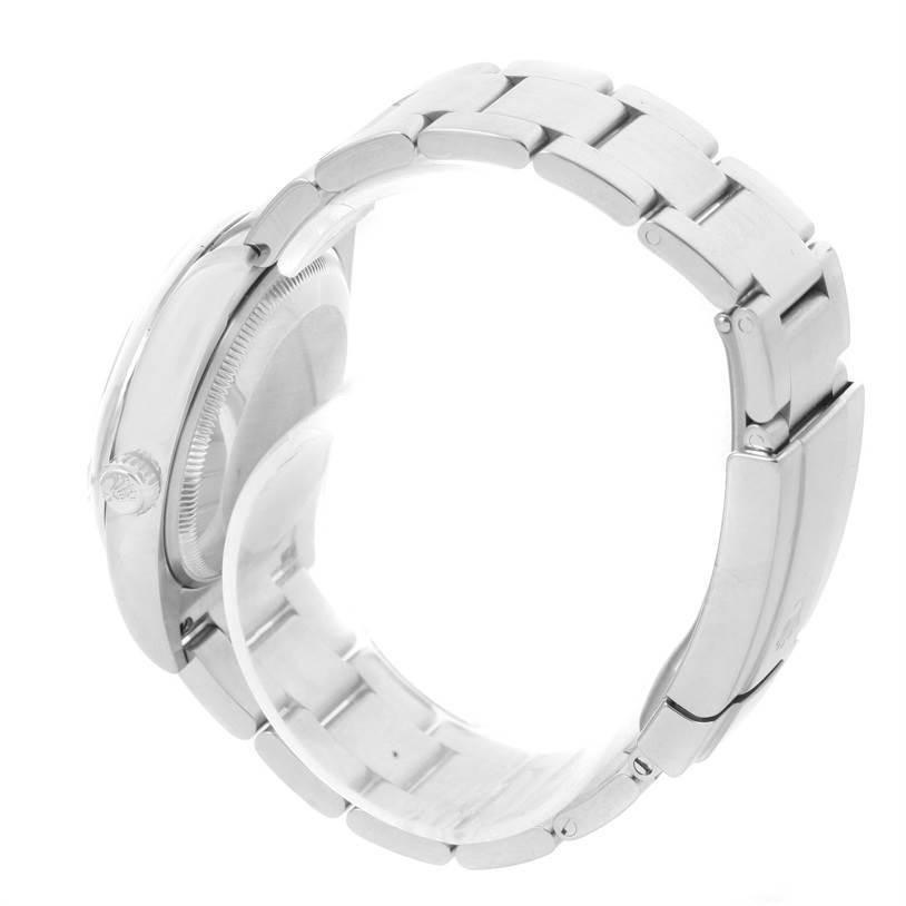 The image shows a side view of a Rolex Air-King 114200 Men's Stainless Steel White Dial 114200 Men's Stainless Steel White Dial watch focused on its bracelet and case.