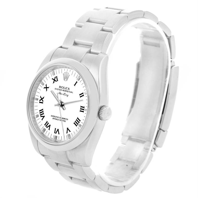 The image shows a Rolex Air-King 114200 Men's Stainless Steel White Dial 114200 Men's Stainless Steel White Dial watch from an angled view, capturing the dial, bezel, crown, and bracelet.