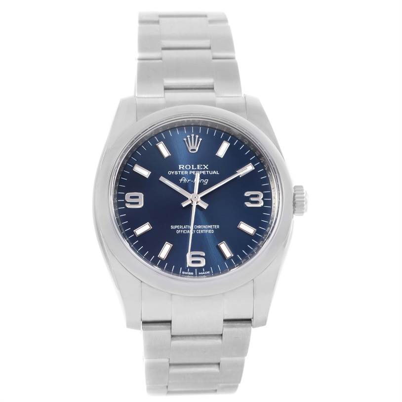 The image shows a Rolex Air-King 114200BLASO Men's Stainless Steel Blue Dial 114200BLASO Men's Stainless Steel Blue Dial watch from a frontal angle, highlighting its blue dial, stainless steel case, and bracelet.