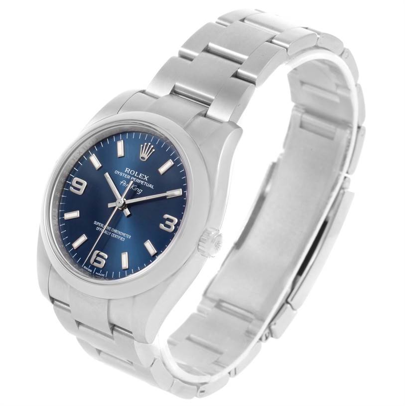 The image shows the Rolex Air-King 114200BLASO Men's Stainless Steel Blue Dial 114200BLASO Men's Stainless Steel Blue Dial watch from a front angle, displaying its face, bezel, crown, and part of the bracelet.