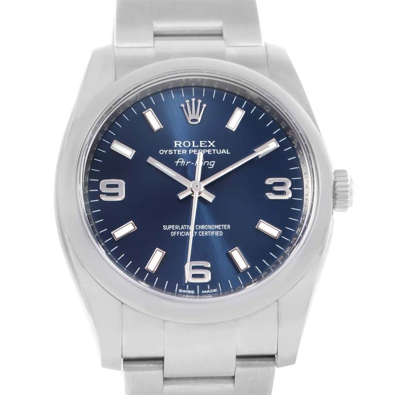 This image shows a frontal view of a Rolex Air-King 114200BLASO Men's Stainless Steel Blue Dial 114200BLASO Men's Stainless Steel Blue Dial watch, highlighting its blue dial, hour markers, and stainless steel case and bracelet.