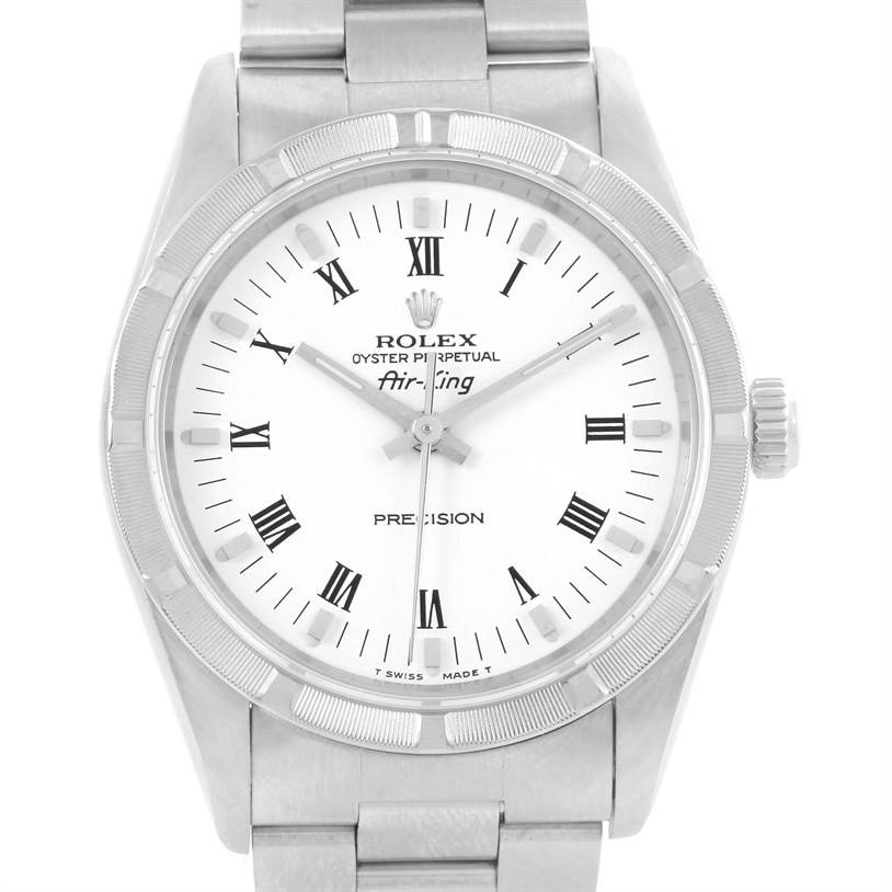 The image shows a front view of a Rolex Air-King 14010 Men's Stainless Steel White Dial 14010 Men's Stainless Steel White Dial watch, highlighting the dial, bezel, and part of the bracelet.