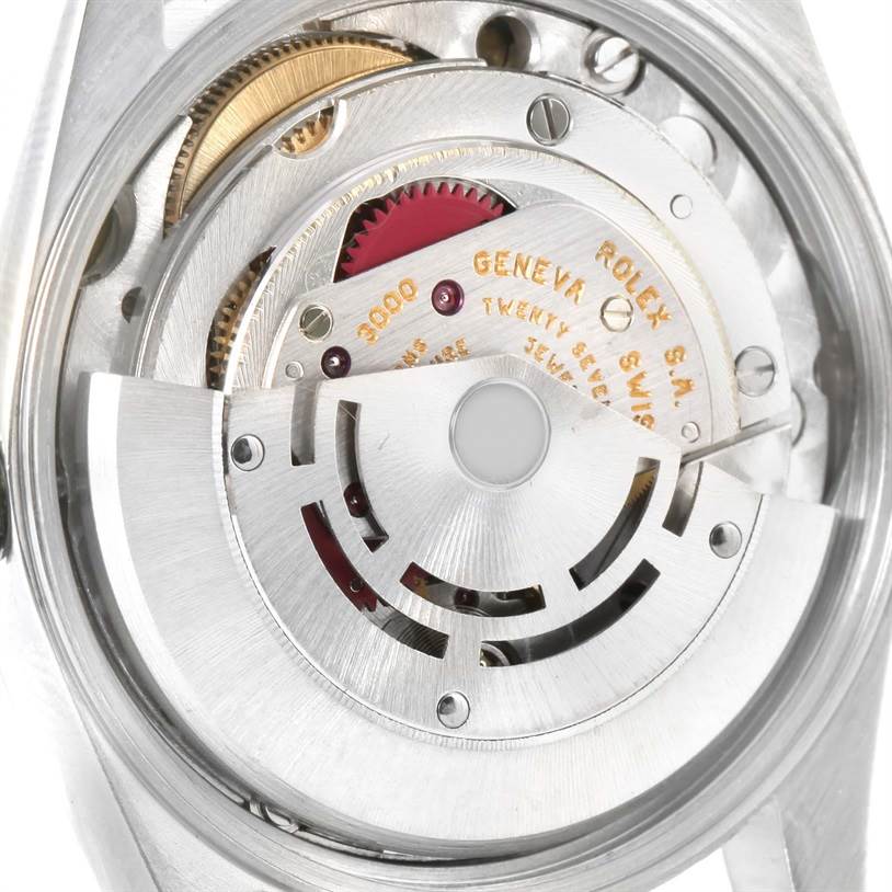 This image shows the internal mechanism of the Rolex Air-King 14010 Men's Stainless Steel White Dial 14010 Men's Stainless Steel White Dial watch, focusing on its movement components.