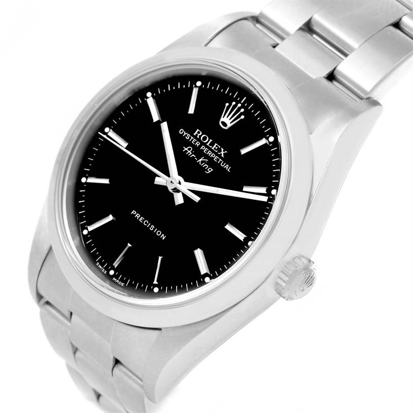 The image shows a Rolex Air-King 14000 Men's Stainless Steel Black Dial 14000 Men's Stainless Steel Black Dial watch at a slight angle, highlighting its black dial, crown, and metal bracelet.